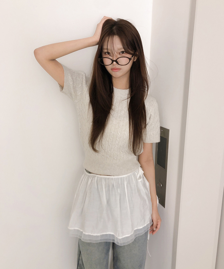 ケーブルラウンド半袖ニット(5color) BEIGE