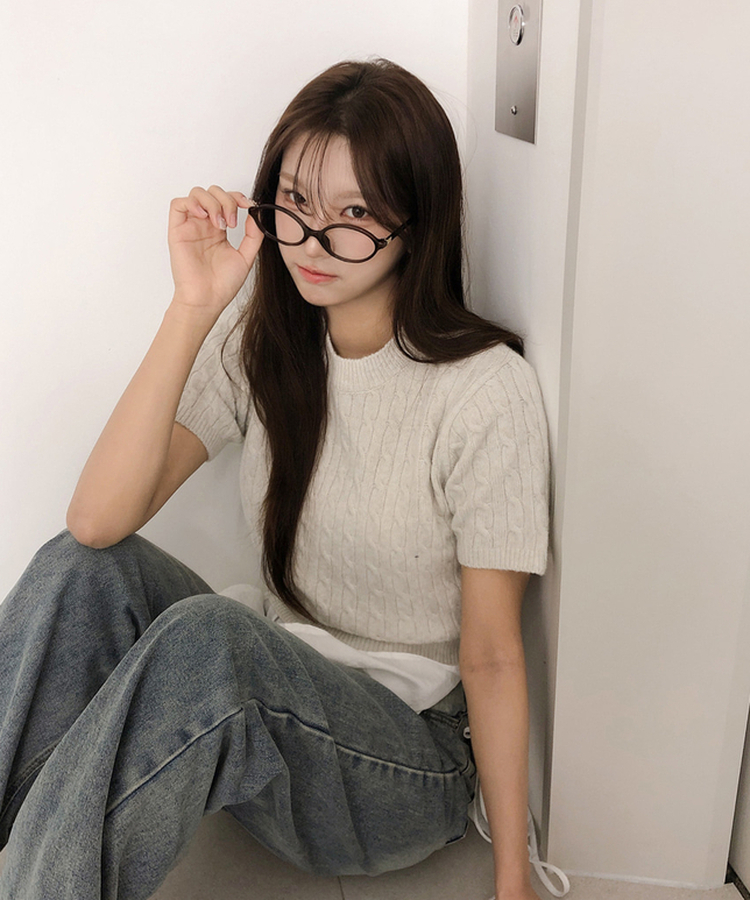 ケーブルラウンド半袖ニット(5color) BEIGE