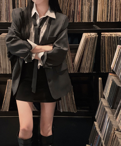 초커SET 유어스 노카라 루즈핏 싱글 하프 자켓 차콜