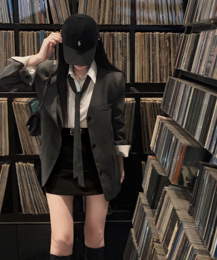 초커SET 유어스 노카라 루즈핏 싱글 하프 자켓 차콜