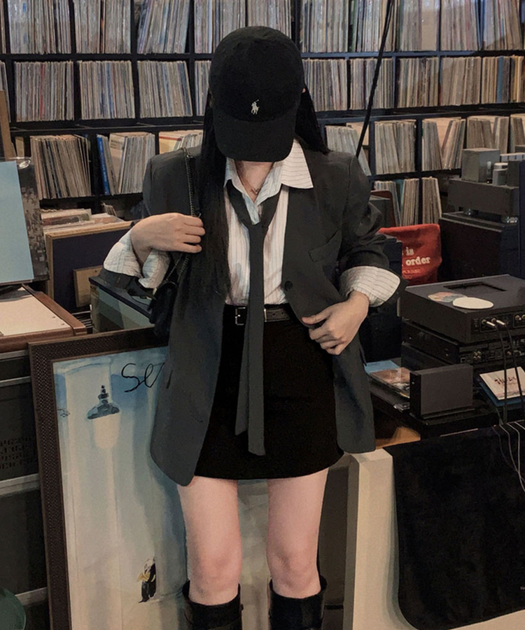 초커SET 유어스 노카라 루즈핏 싱글 하프 자켓 차콜