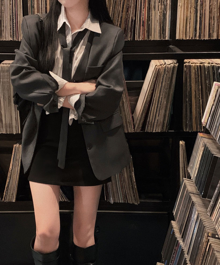 초커SET 유어스 노카라 루즈핏 싱글 하프 자켓 차콜