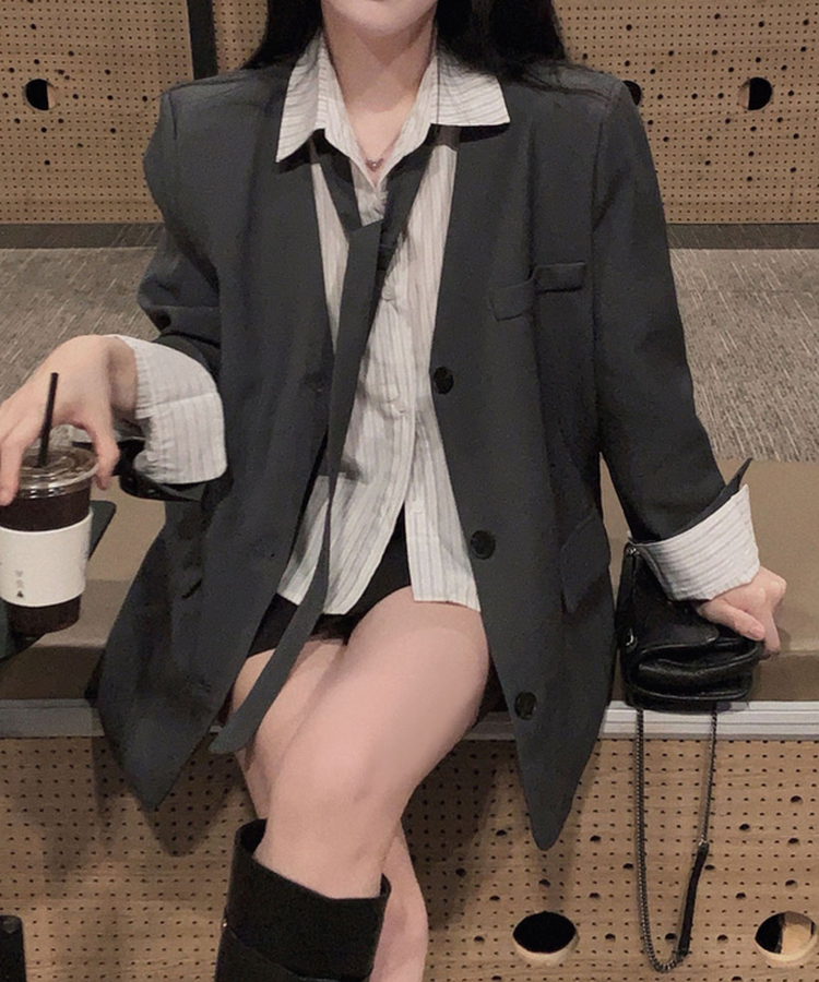 초커SET 유어스 노카라 루즈핏 싱글 하프 자켓 차콜