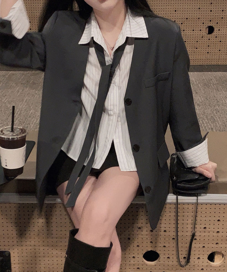 초커SET 유어스 노카라 루즈핏 싱글 하프 자켓 차콜