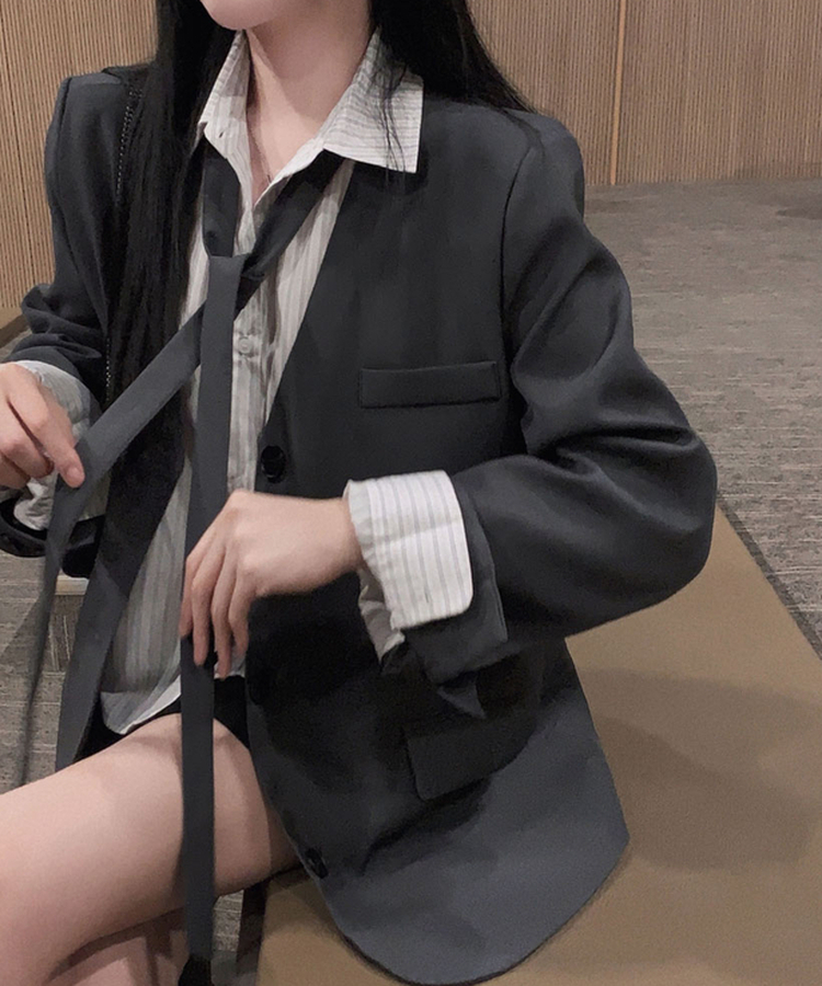 초커SET 유어스 노카라 루즈핏 싱글 하프 자켓 차콜