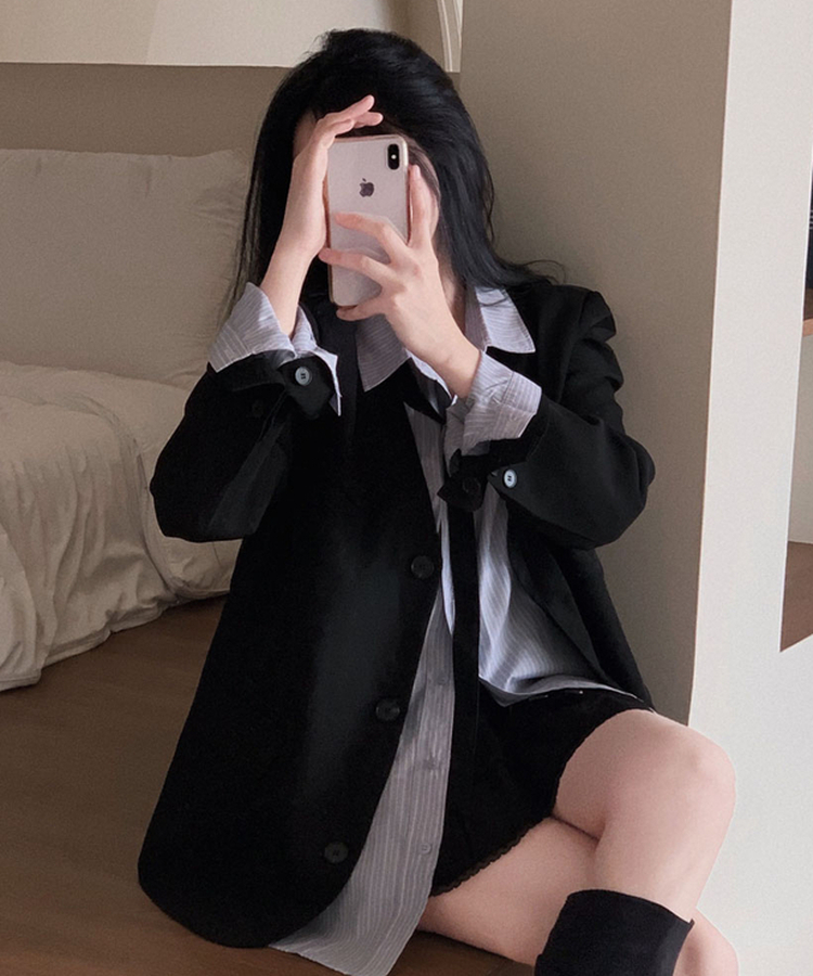 초커SET 유어스 노카라 루즈핏 싱글 하프 자켓 블랙