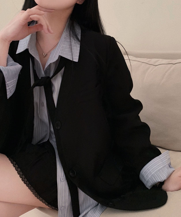 초커SET 유어스 노카라 루즈핏 싱글 하프 자켓 블랙