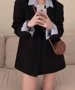 【SET】モノトーンツーボタンジャケット レイヤードラップスカート BLACK