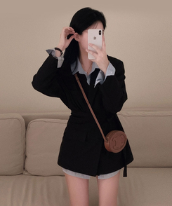 【SET】モノトーンツーボタンジャケット レイヤードラップスカート BLACK