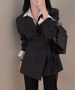 【SET】モノトーンツーボタンジャケット レイヤードラップスカート CHARCOAL