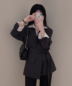 【SET】モノトーンツーボタンジャケット レイヤードラップスカート CHARCOAL