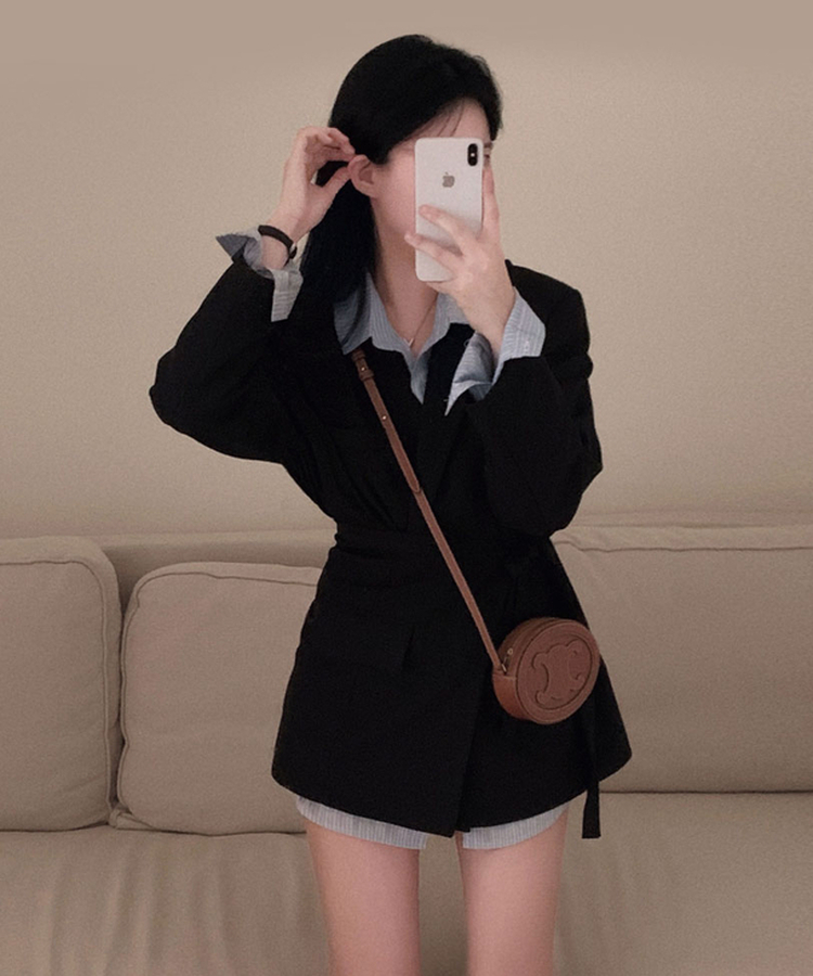 직각어깨 만들어주는모노톤 오버핏 투버튼 자켓 레이어드 랩스커트 투피스 셋업 세트 블랙