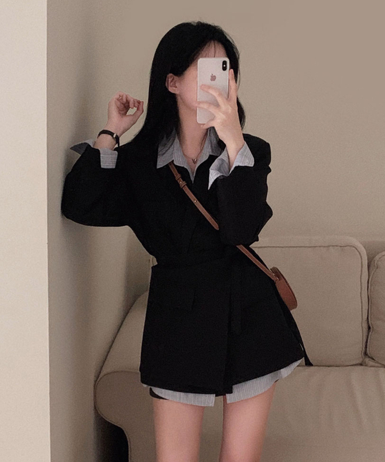 직각어깨 만들어주는모노톤 오버핏 투버튼 자켓 레이어드 랩스커트 투피스 셋업 세트 블랙