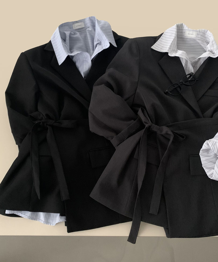 직각어깨 만들어주는모노톤 오버핏 투버튼 자켓 레이어드 랩스커트 투피스 셋업 세트