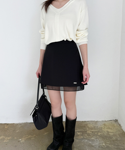 シフォンレイヤーAラインスカート BLACK