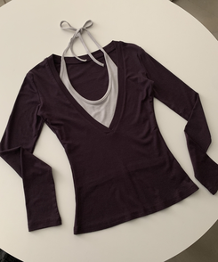 트윈 홀터넥 레이어드 배색 긴팔티셔츠