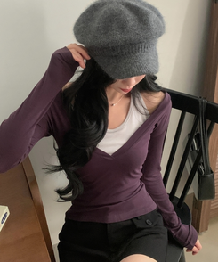 트윈 홀터넥 레이어드 배색 긴팔티셔츠 퍼플