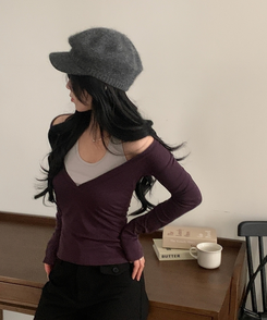 트윈 홀터넥 레이어드 배색 긴팔티셔츠 퍼플