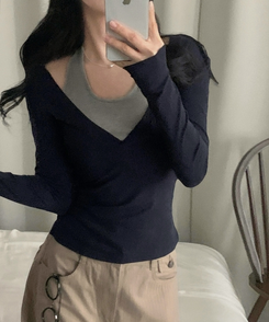 트윈 홀터넥 레이어드 배색 긴팔티셔츠 네이비