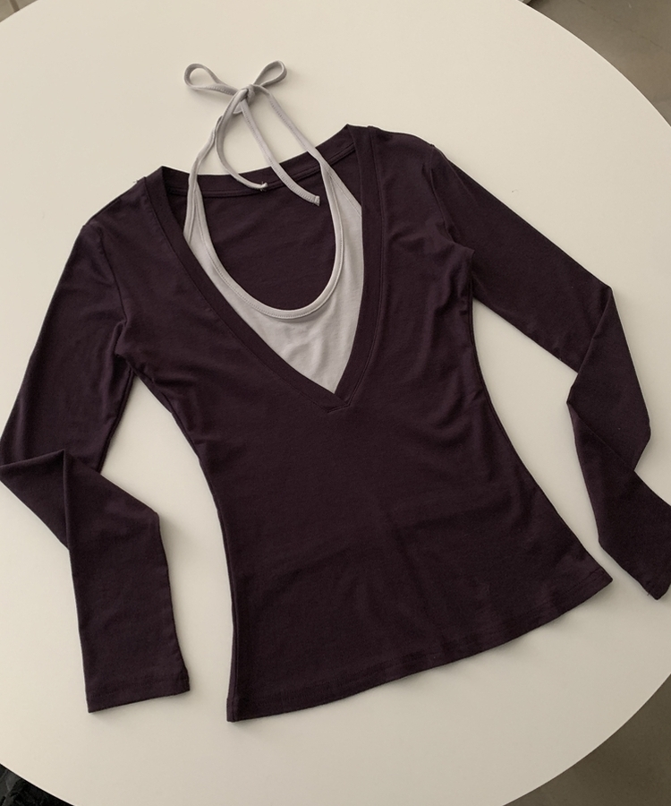 트윈 홀터넥 레이어드 배색 긴팔티셔츠