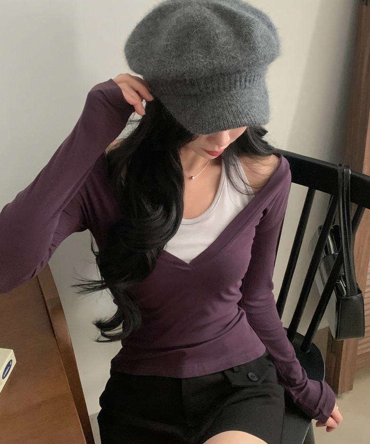 트윈 홀터넥 레이어드 배색 긴팔티셔츠 퍼플
