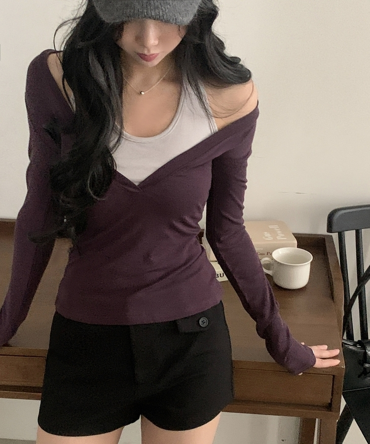 트윈 홀터넥 레이어드 배색 긴팔티셔츠 퍼플