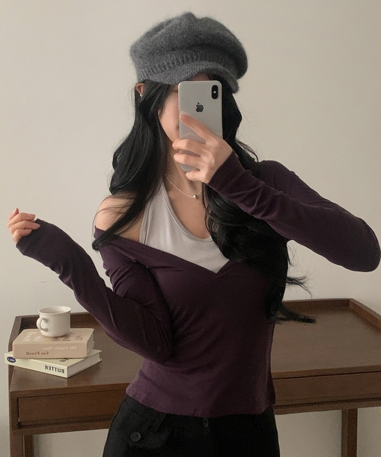 트윈 홀터넥 레이어드 배색 긴팔티셔츠 퍼플