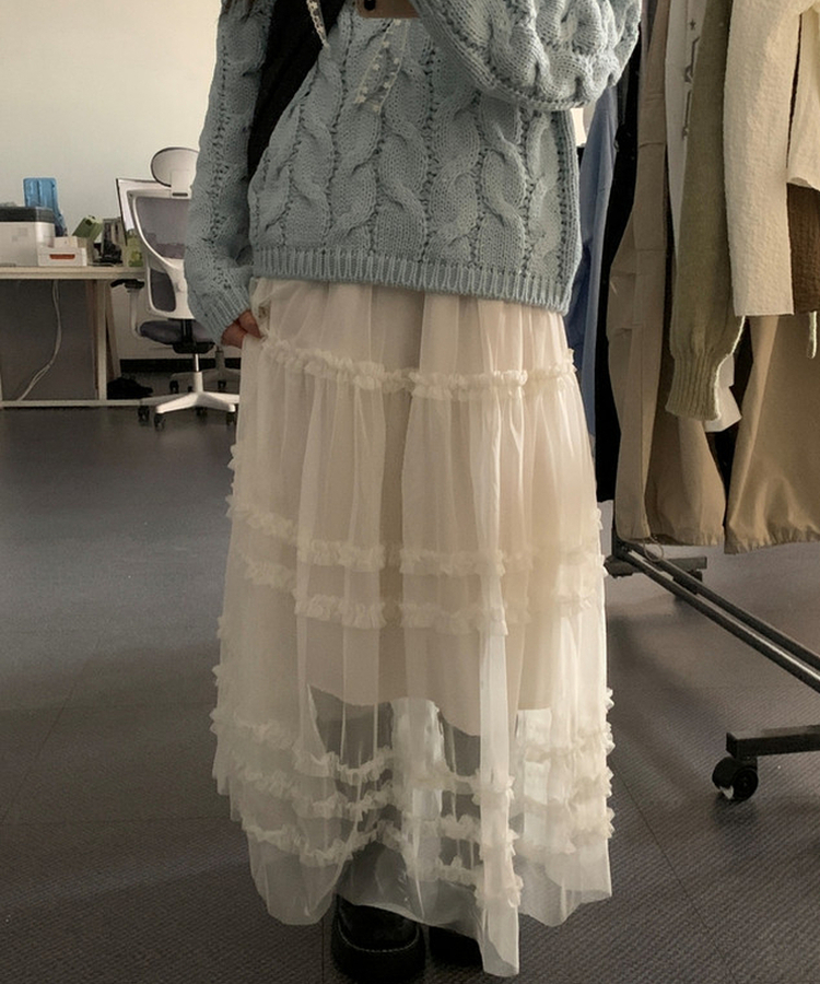 シースルーフリルレースロングスカート IVORY