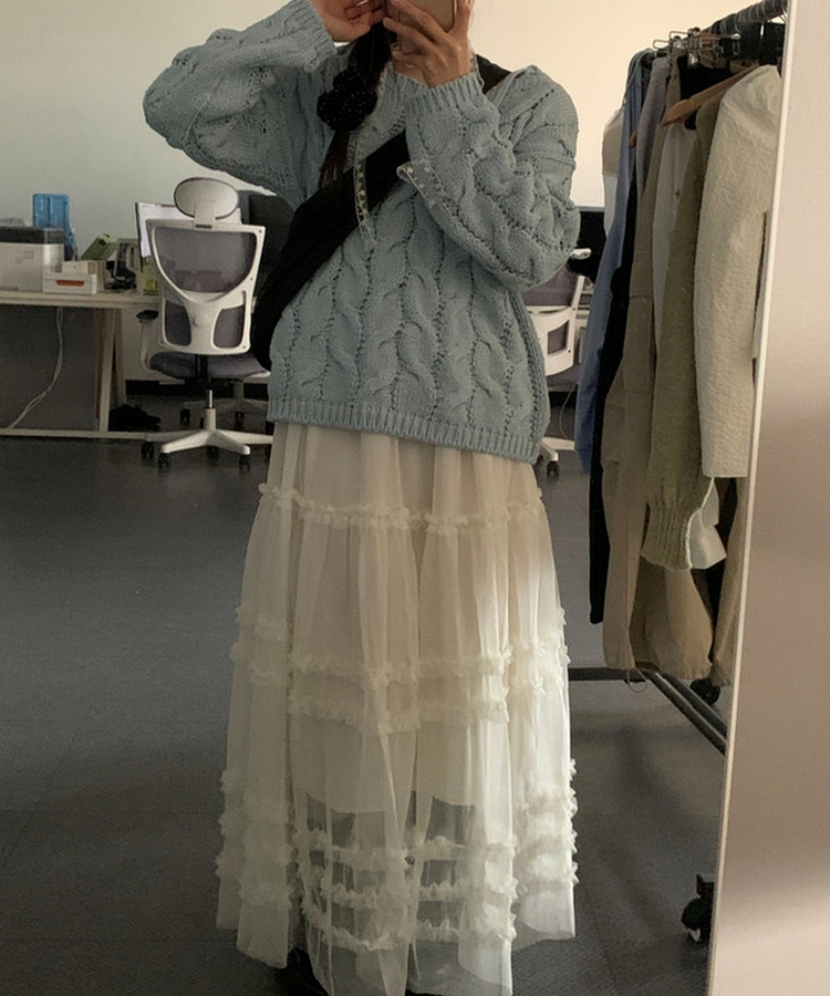 シースルーフリルレースロングスカート IVORY