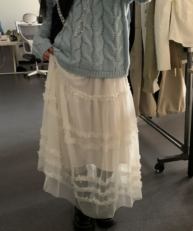 シースルーフリルレースロングスカート IVORY