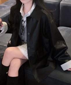 ストライプオーバーレザーハーフジャケット BLACK