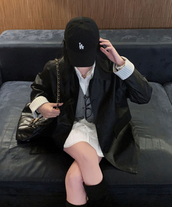 ストライプオーバーレザーハーフジャケット BLACK