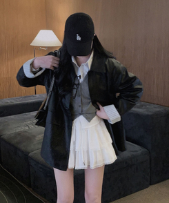 ストライプオーバーレザーハーフジャケット BLACK