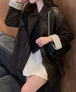 ストライプオーバーレザーハーフジャケット BROWN