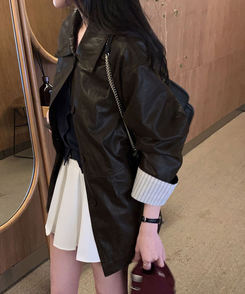 ストライプオーバーレザーハーフジャケット BROWN