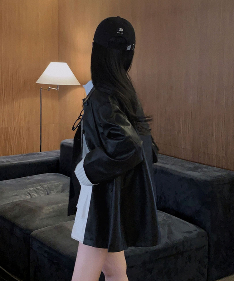 ストライプオーバーレザーハーフジャケット BLACK