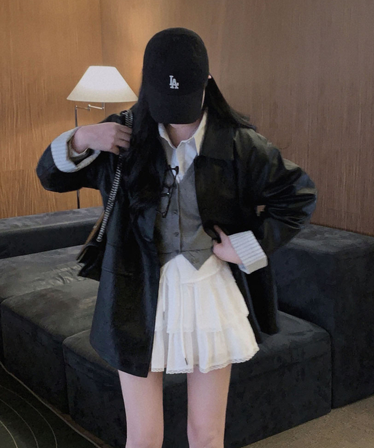 ストライプオーバーレザーハーフジャケット BLACK