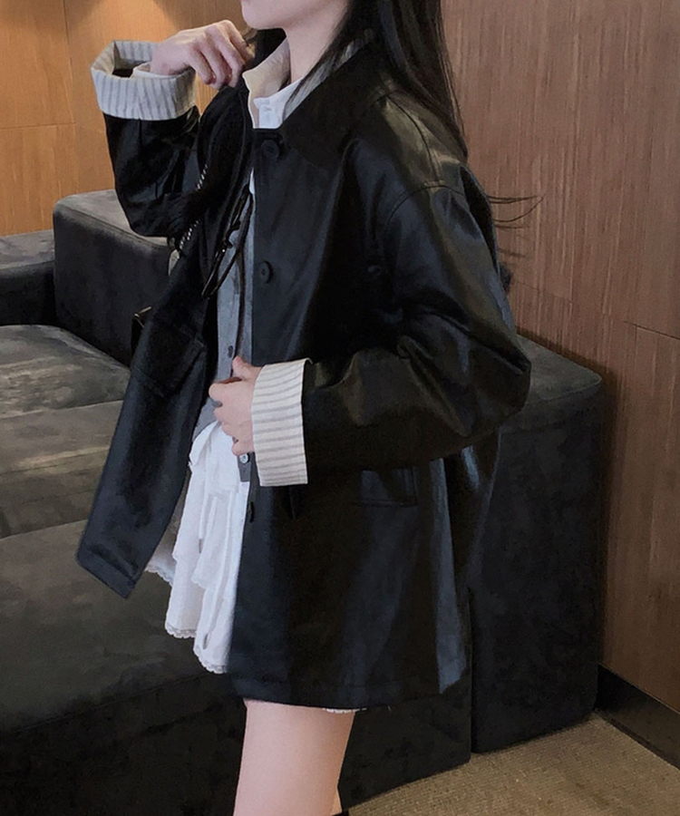 ストライプオーバーレザーハーフジャケット BLACK