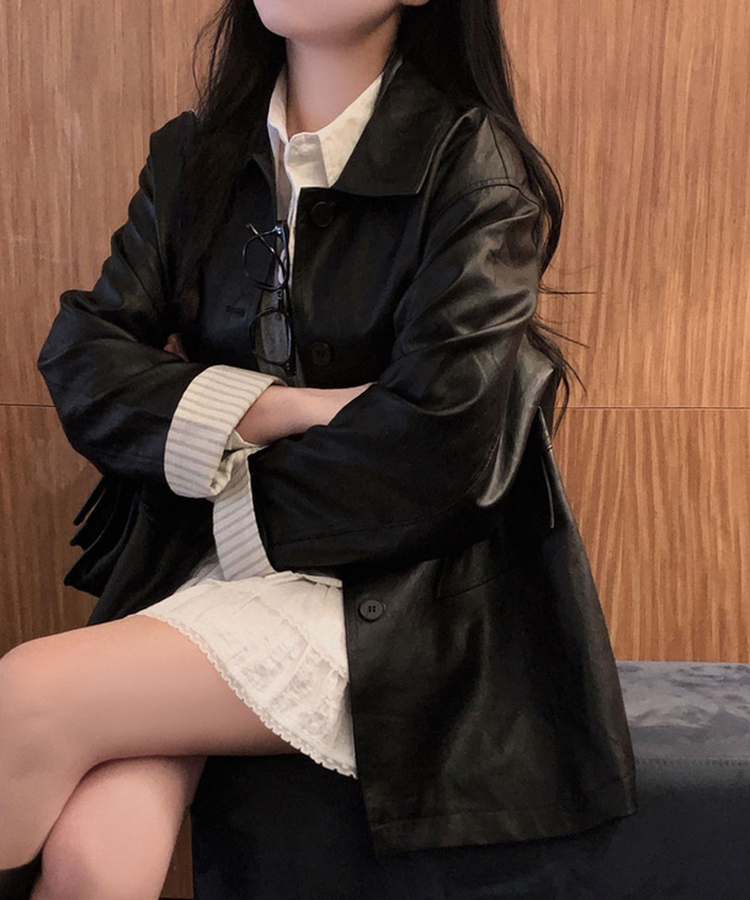 ストライプオーバーレザーハーフジャケット BLACK