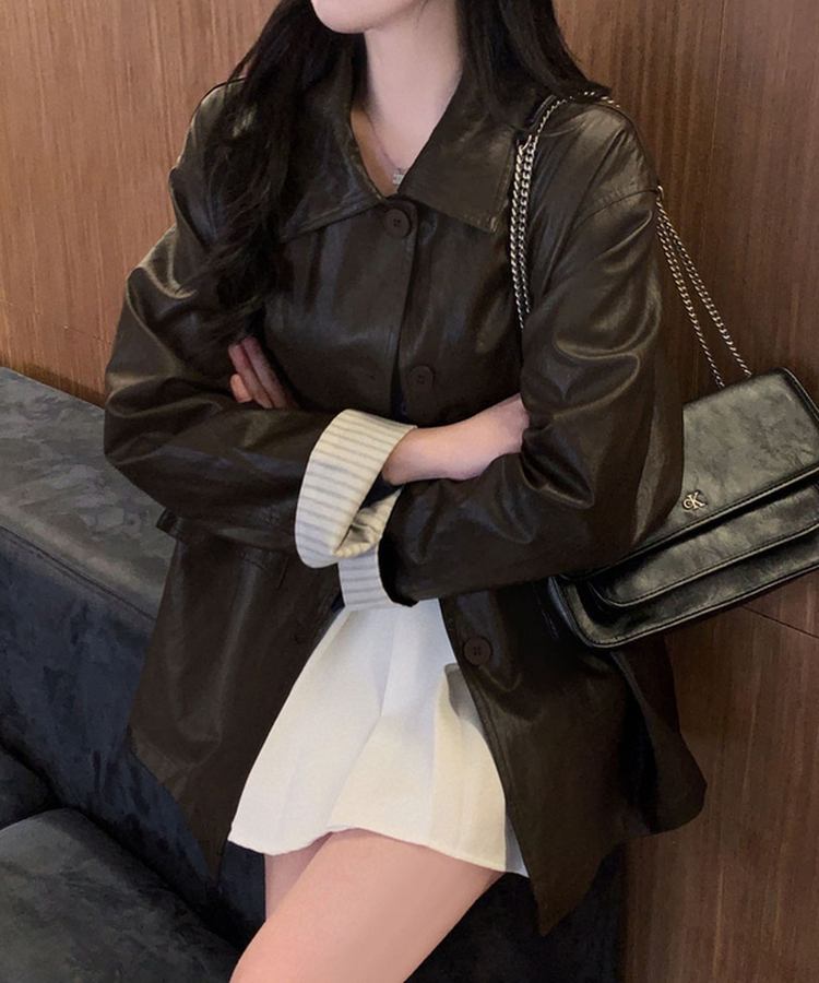 ストライプオーバーレザーハーフジャケット BROWN