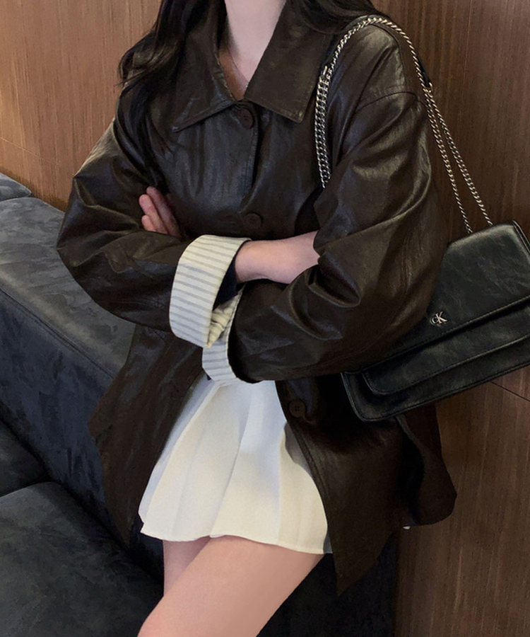 ストライプオーバーレザーハーフジャケット BROWN