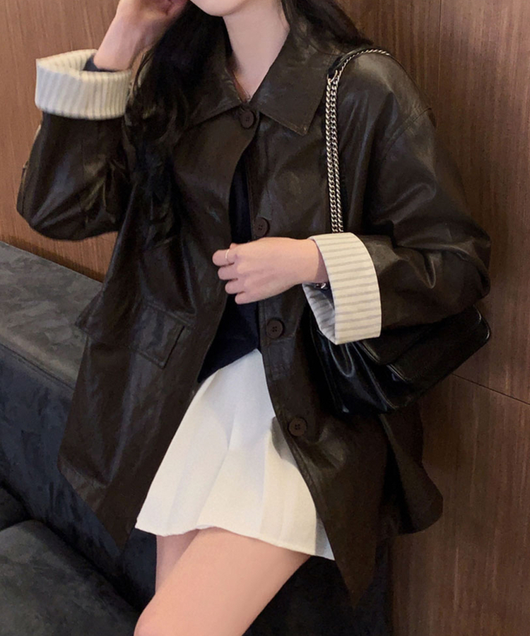 ストライプオーバーレザーハーフジャケット BROWN