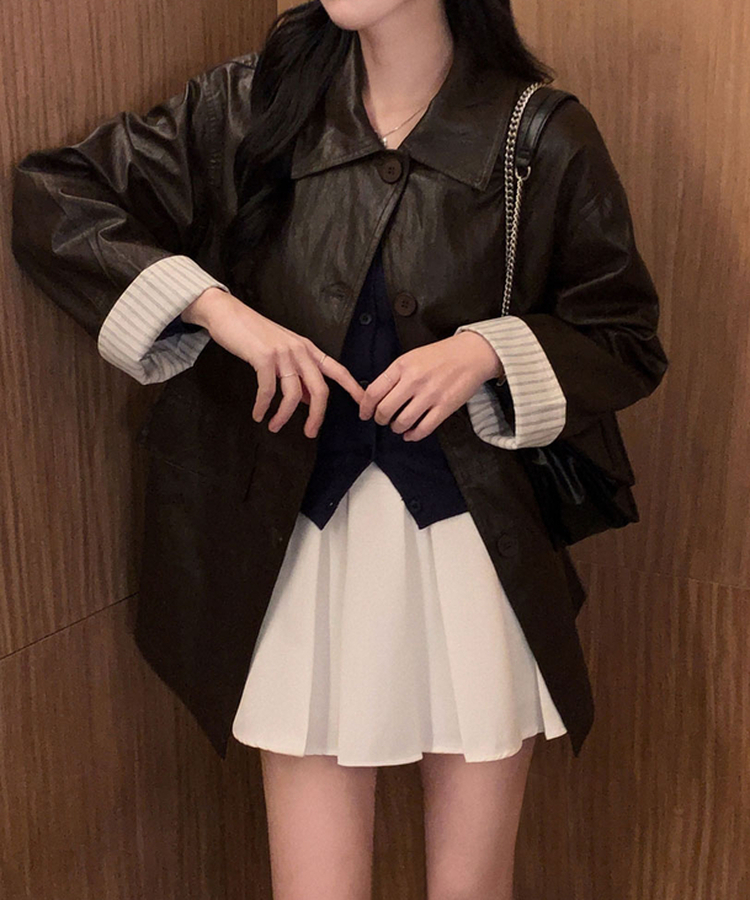 ストライプオーバーレザーハーフジャケット BROWN