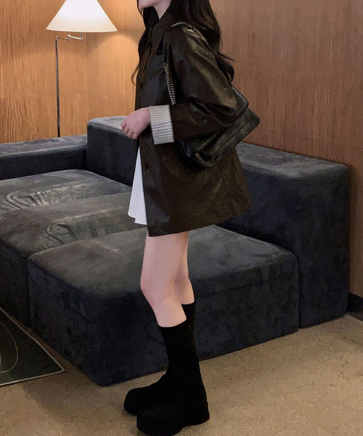 ストライプオーバーレザーハーフジャケット BROWN