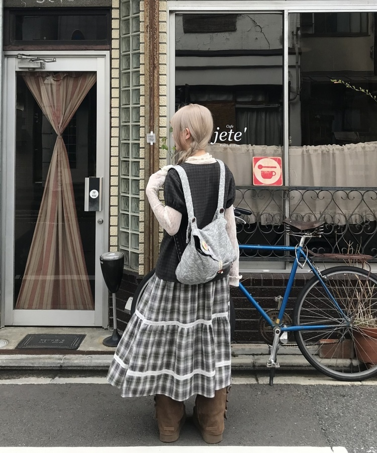 체크 레이스 롱스커트 그레이