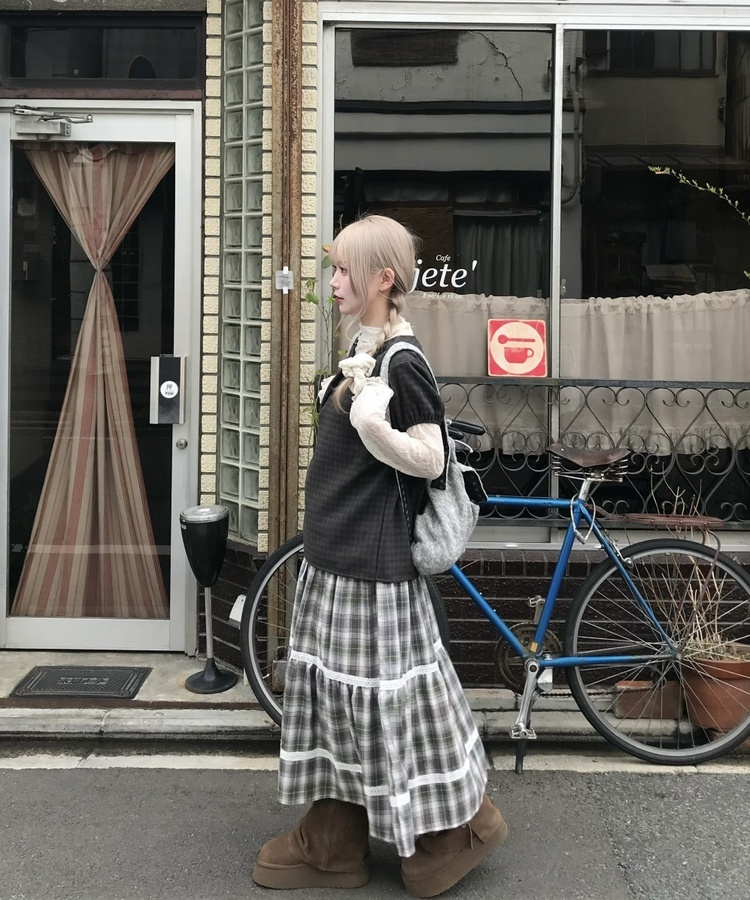 체크 레이스 롱스커트 그레이