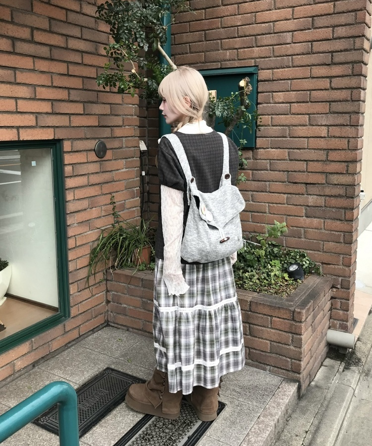 체크 레이스 롱스커트 그레이