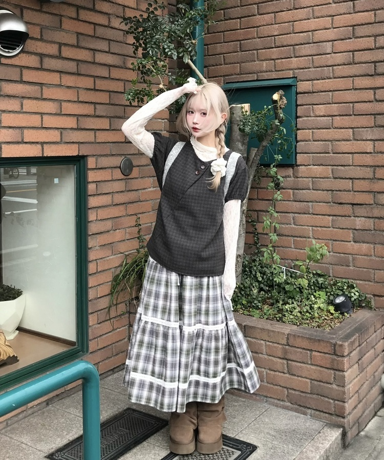 체크 레이스 롱스커트 그레이