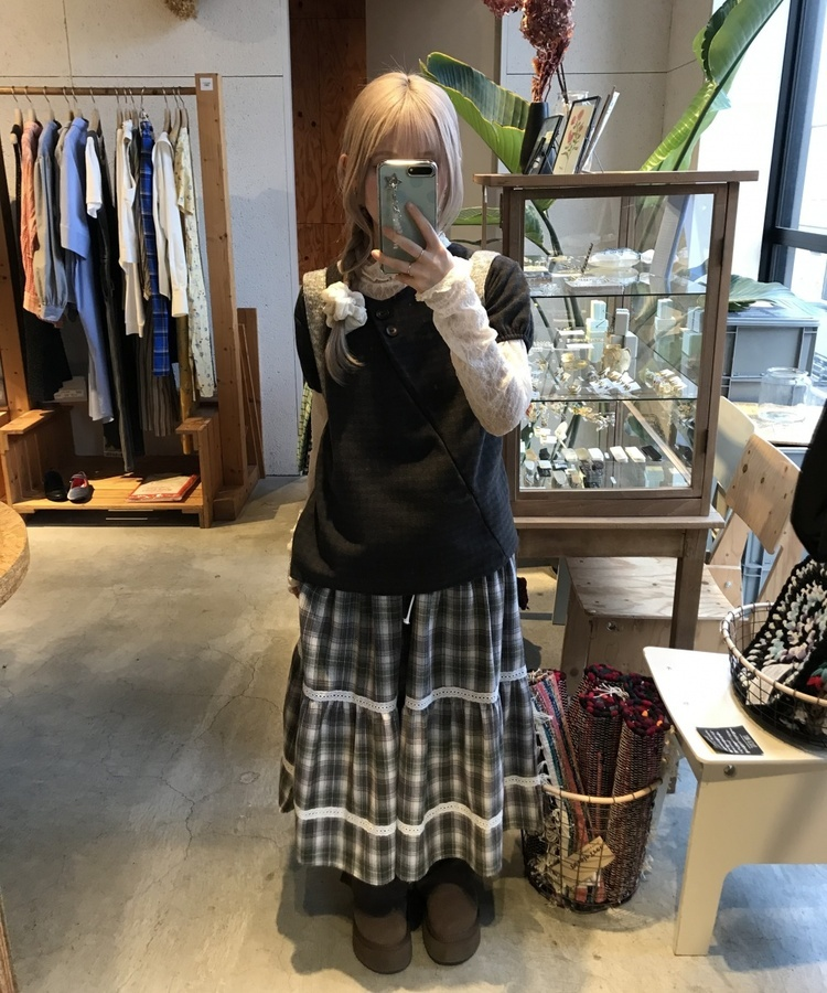 체크 레이스 롱스커트 그레이