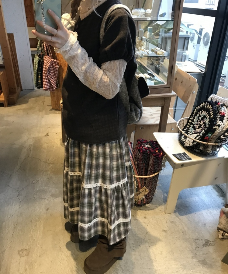 체크 레이스 롱스커트 그레이